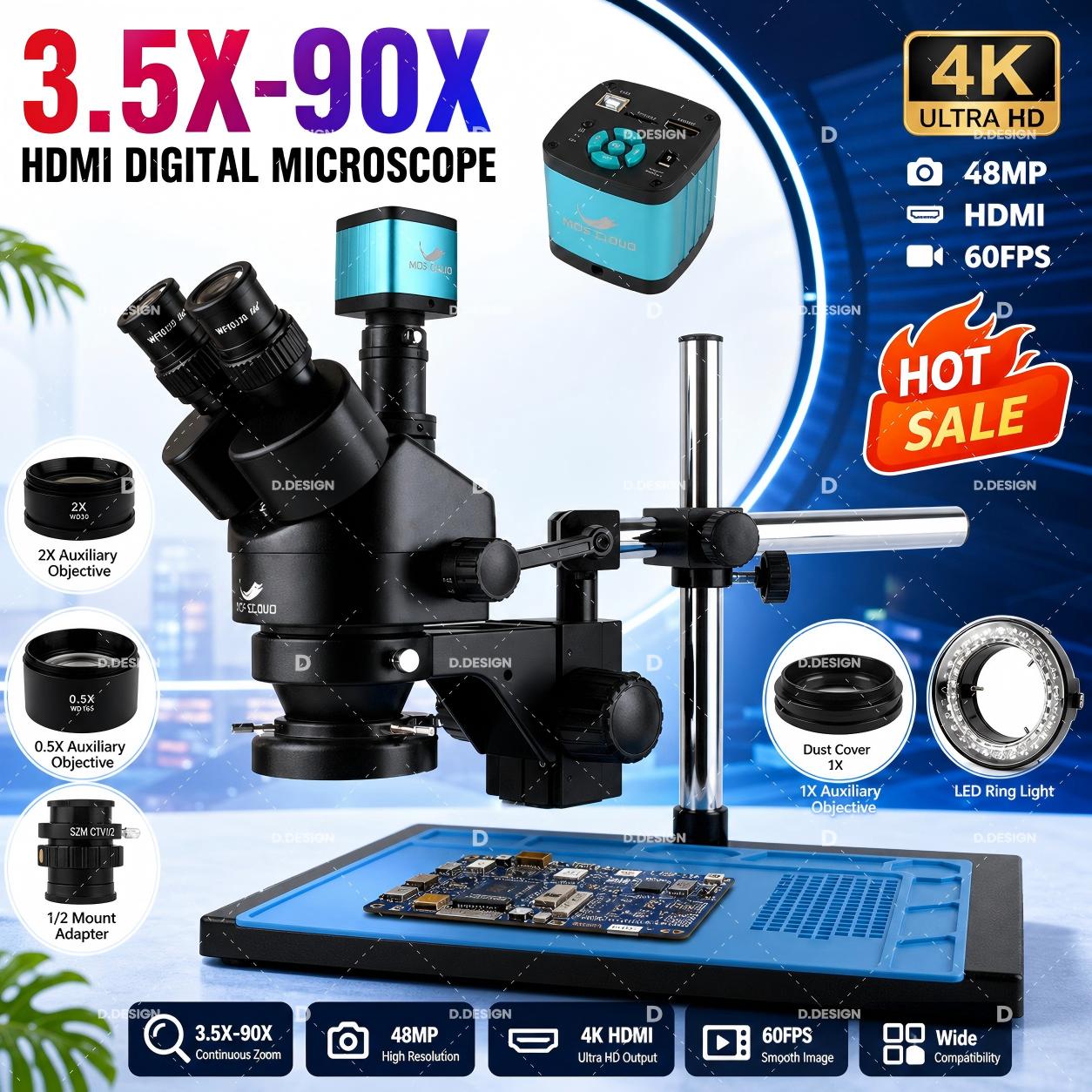 Simul-Focal Industrial Microscope 4K Hdmi - Промышленный лабораторный стереомикроскоп с регулируемой фокусировкой